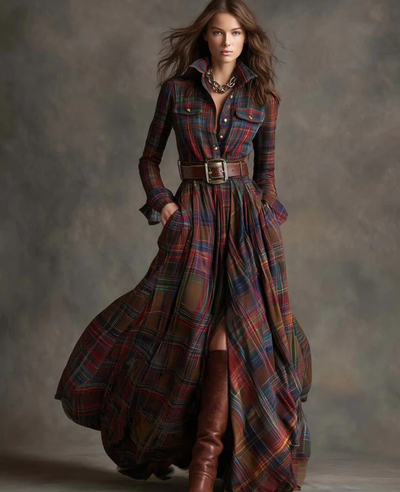 Helena™ | Vintage Plaid Belted Dress