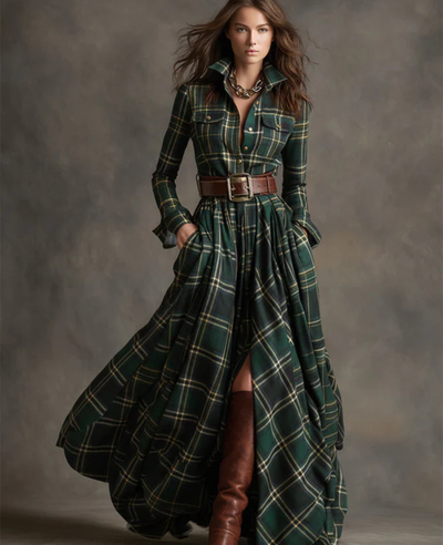 Helena™ | Vintage Plaid Belted Dress