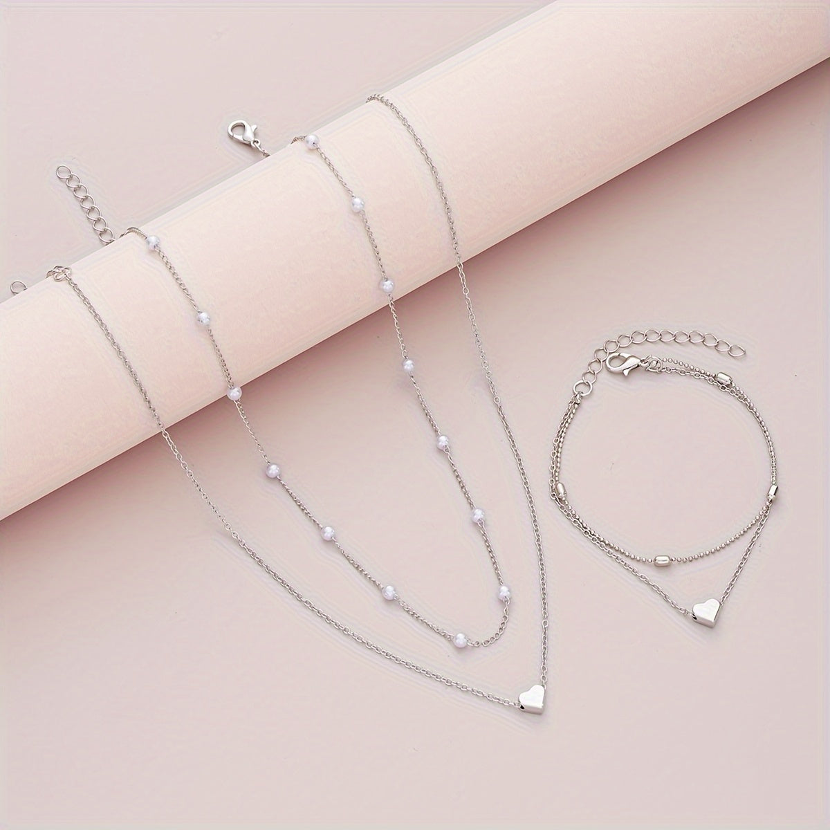 Layered Heart & Pearl Jewelry Set