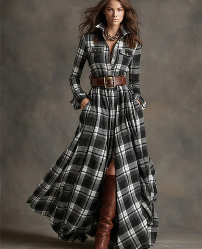 Helena™ | Vintage Plaid Belted Dress