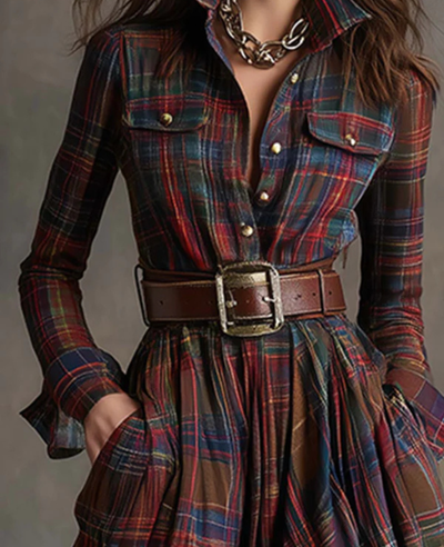 Helena™ | Vintage Plaid Belted Dress