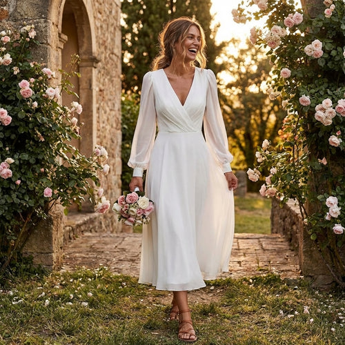 Alina | Women’s Day Dress With V-Neck Design And Long Puff Sleeves | Elegant Maxi