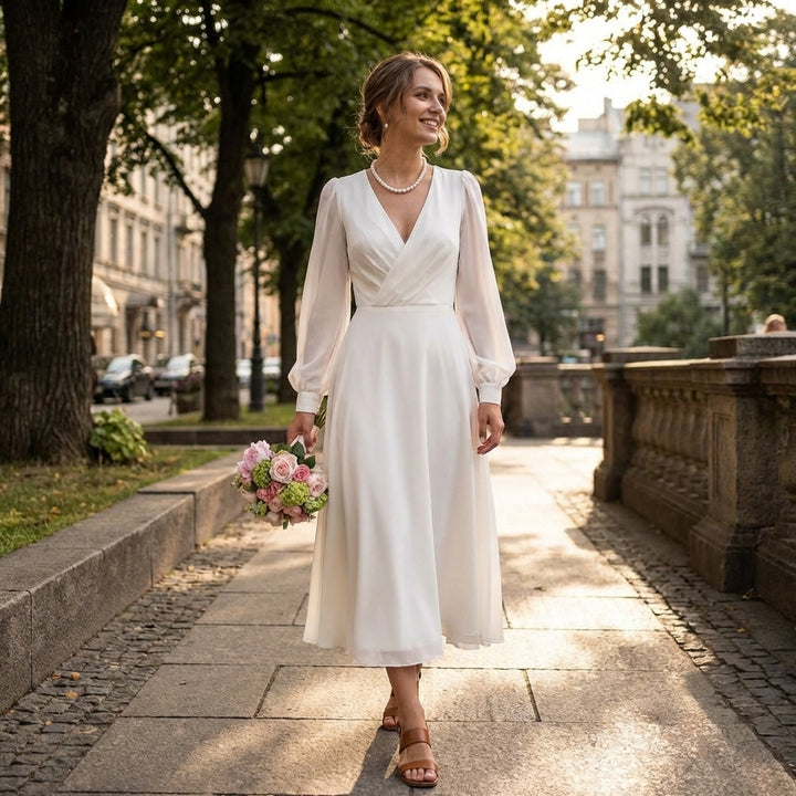 Alina | Women’s Day Maxi Dress With V-Neck Design And Long Puff Sleeves | Elegant