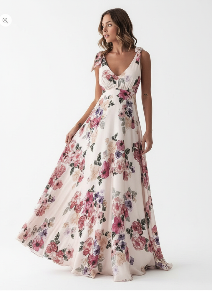 Amara | Women's Floral Maxi Dress With Cape Sleeve Design And Waist Tie