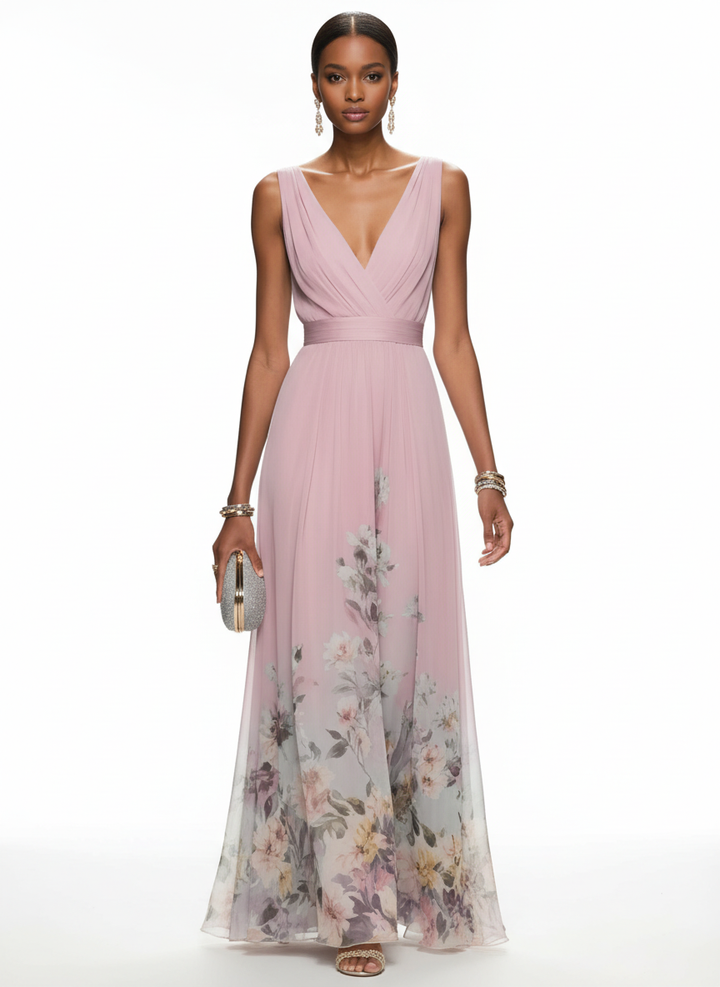 Amara | Women's Wedding Maxi Guest Dress With Printed Floral Design And Flutter Sleeves