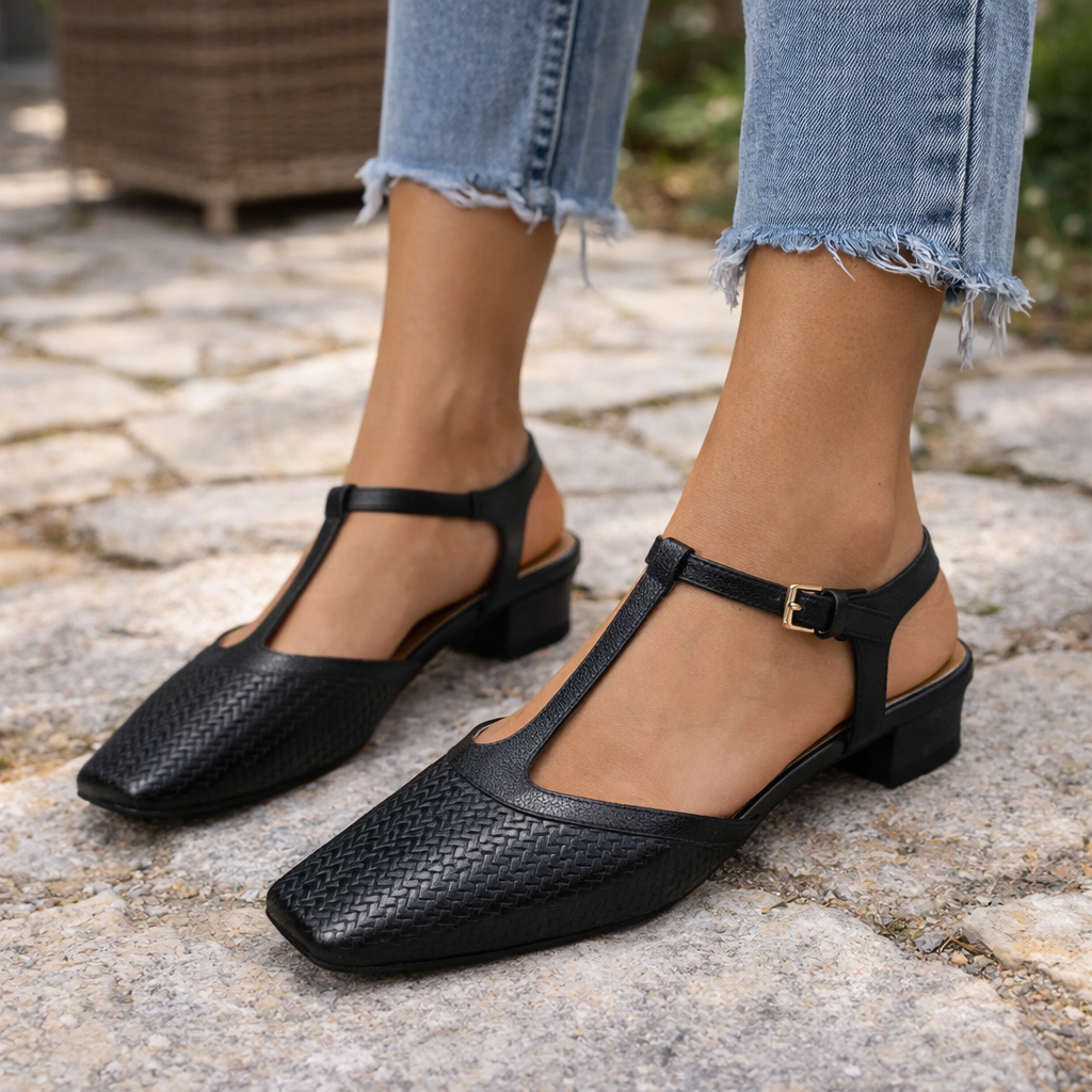 Ann | Women’s Sandals With T-Strap And Woven Leather Design | Classic