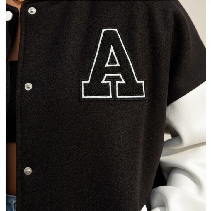 Ava | Women's Bomber Jacket With Snap Button Closure And Letter Patch | Casual