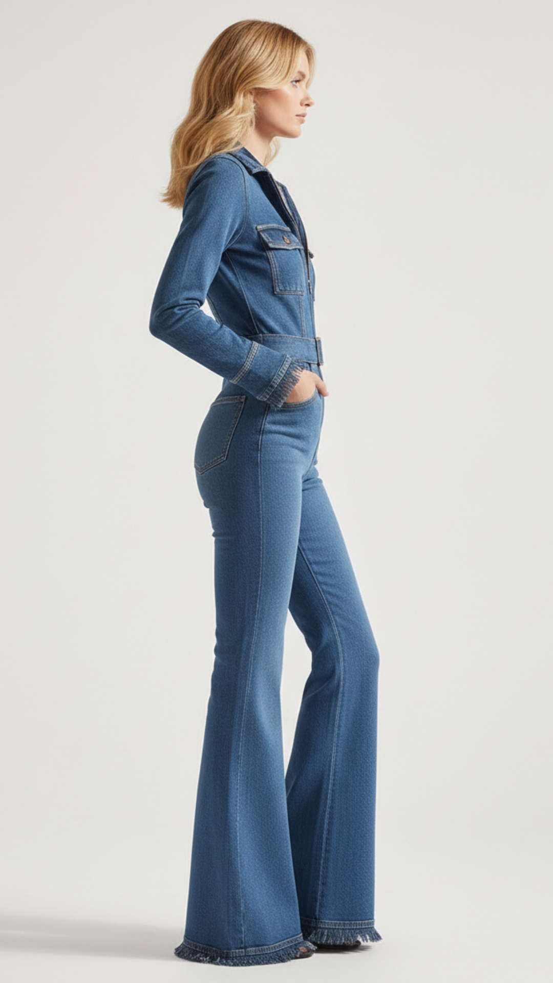 Ava | Women’s Denim Jumpsuit With Zip Closure And Belted Waist