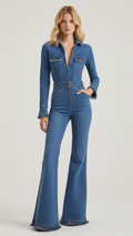 Ava | Women’s Denim Jumpsuit With Zip Closure And Belted Waist
