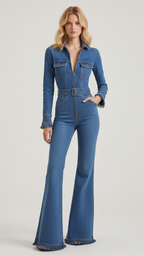 Ava | Women’s Denim Jumpsuit With Zip Closure And Belted Waist