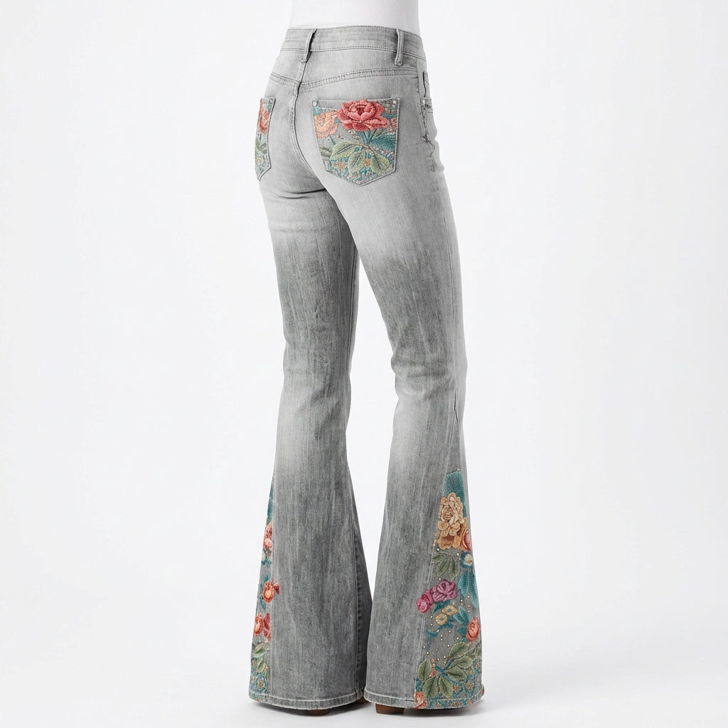 Ava | Women’s Flared Jeans With Floral Embroidery And Flared Leg Silhouette | Retro