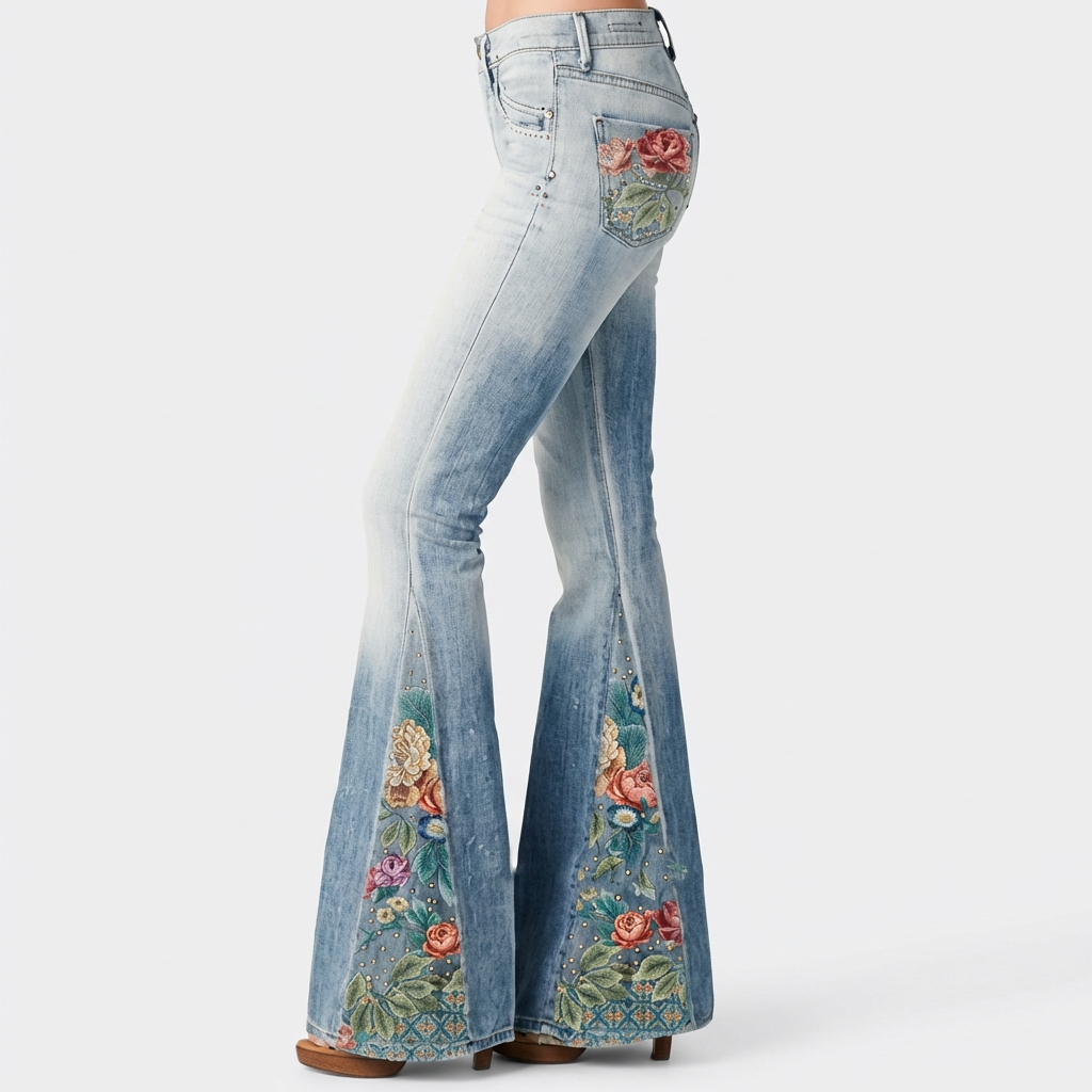 Ava | Women’s Flared Jeans With Floral Embroidery And Flared Leg Silhouette | Retro