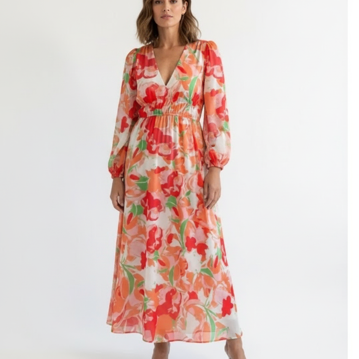 Ava | Women's Floral Maxi Dress With V-Neck And Pleated Skirt | Elegant