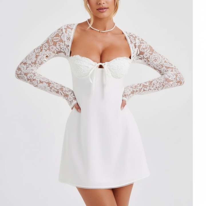 Ava | Women's Lace Mini Dress With Sweetheart Neckline And Long Lace Sleeves | Glamorous