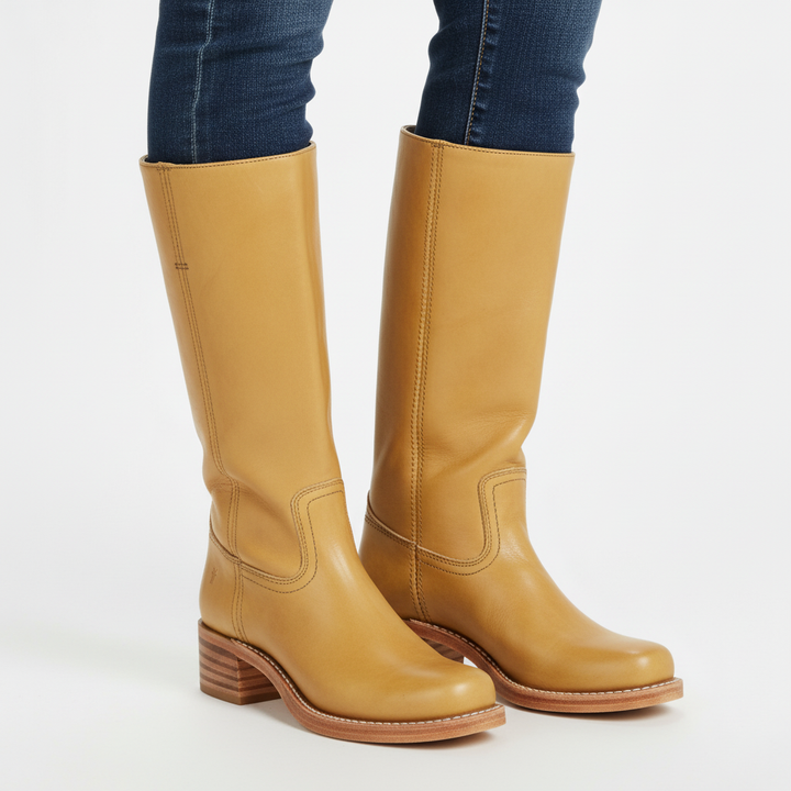 Ava | Women's Leather Knee-High Boots With Block Heel And Sleek Panel Design | Classic