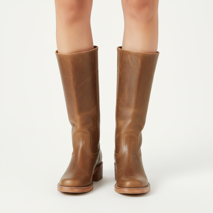 Ava | Women's Leather Knee-High Boots With Block Heel And Sleek Panel Design | Classic