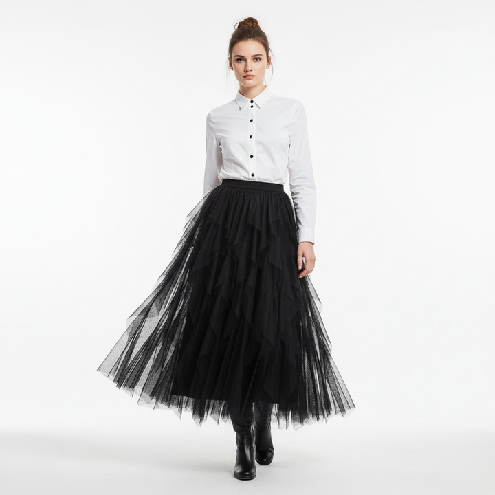 Ava | Women's Midi Skirt With Layered Tulle And Asymmetric Panels | Chic