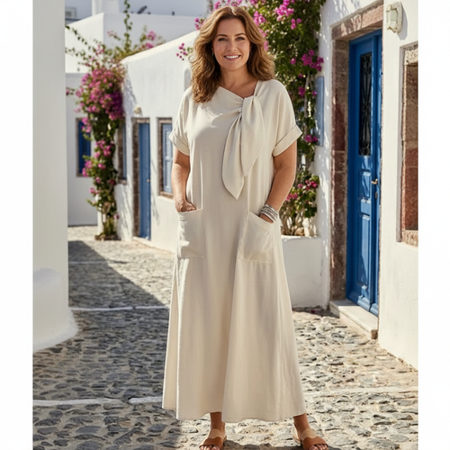 Ava | Women's Pocket Maxi Dress With Short Sleeves And Tie Neck Detail | Casual