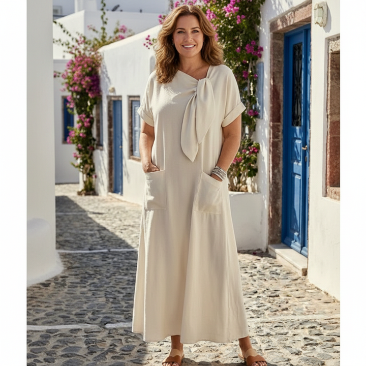Ava | Women's Pocket Maxi Dress With Short Sleeves And Tie Neck Detail | Casual