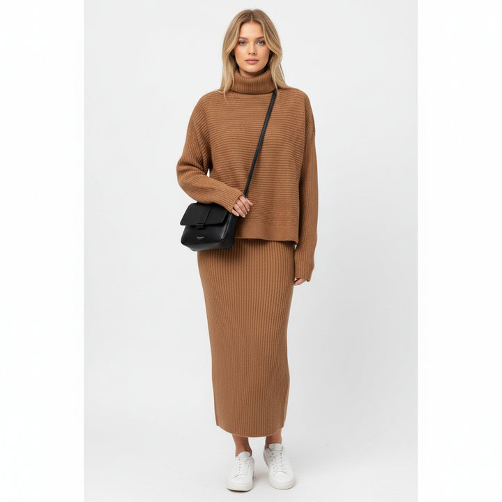 Ava | Women's Pullover And Skirt Set With High Neck And Ribbed Texture | Casual