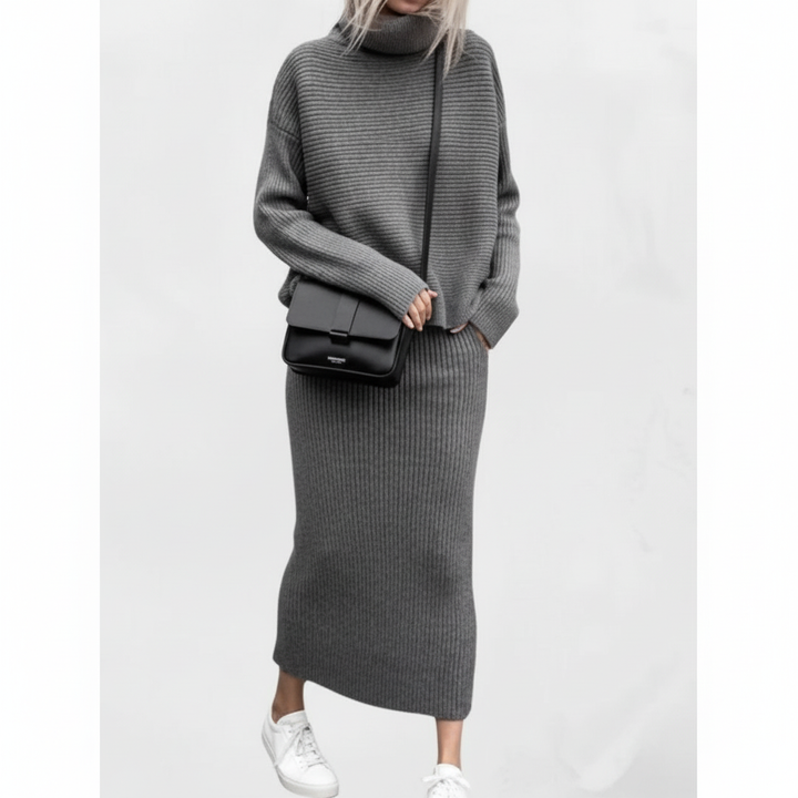 Ava | Women's Pullover And Skirt Set With High Neck And Ribbed Texture | Casual