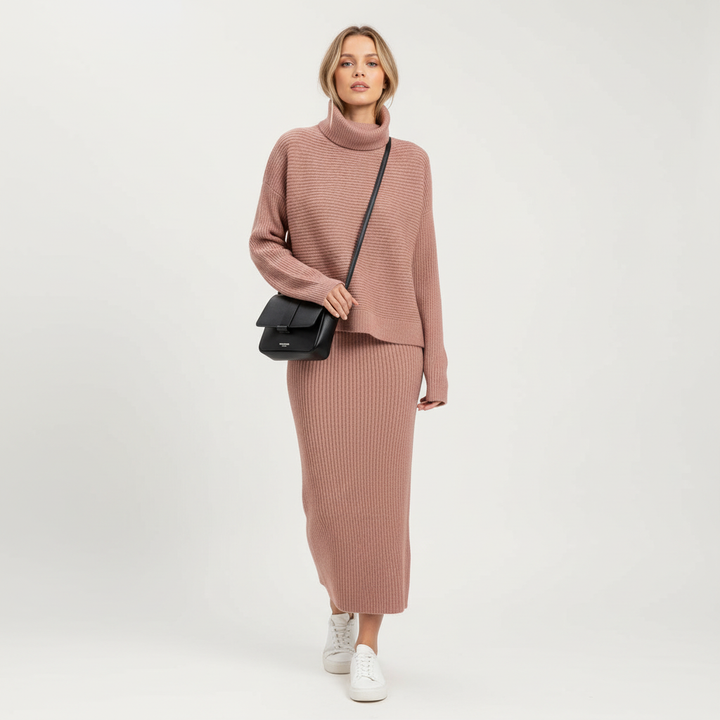 Ava | Women's Pullover And Skirt Set With High Neck And Ribbed Texture | Casual
