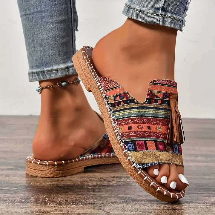 Ava | Women’s Sandals With Tribal Fabric Straps And Tassel Detail | Casual