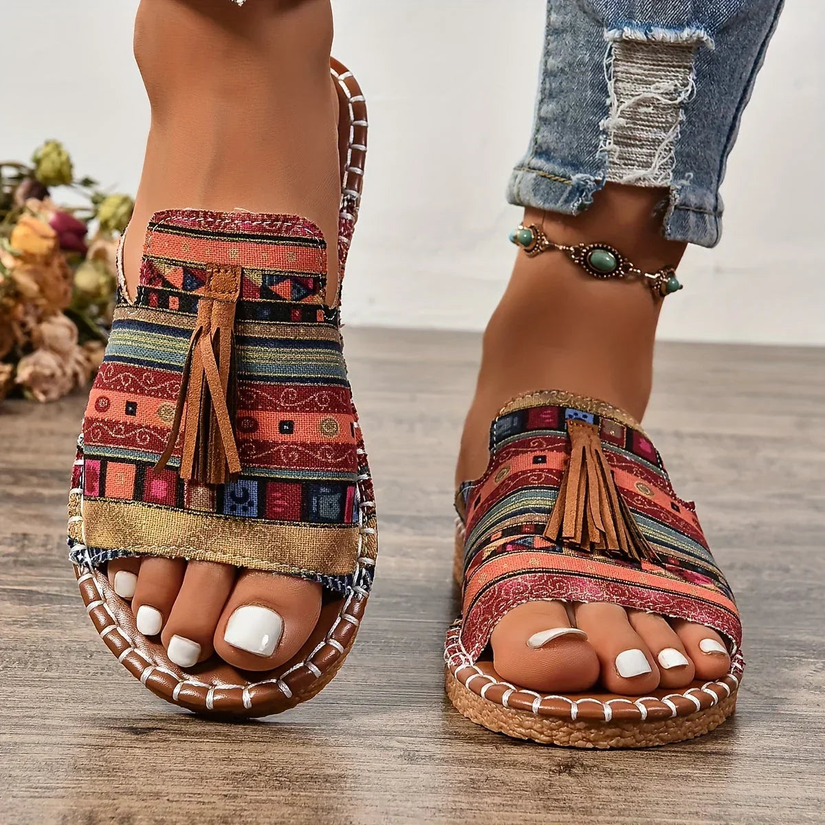 Ava | Women’s Sandals With Tribal Fabric Straps And Tassel Detail | Casual
