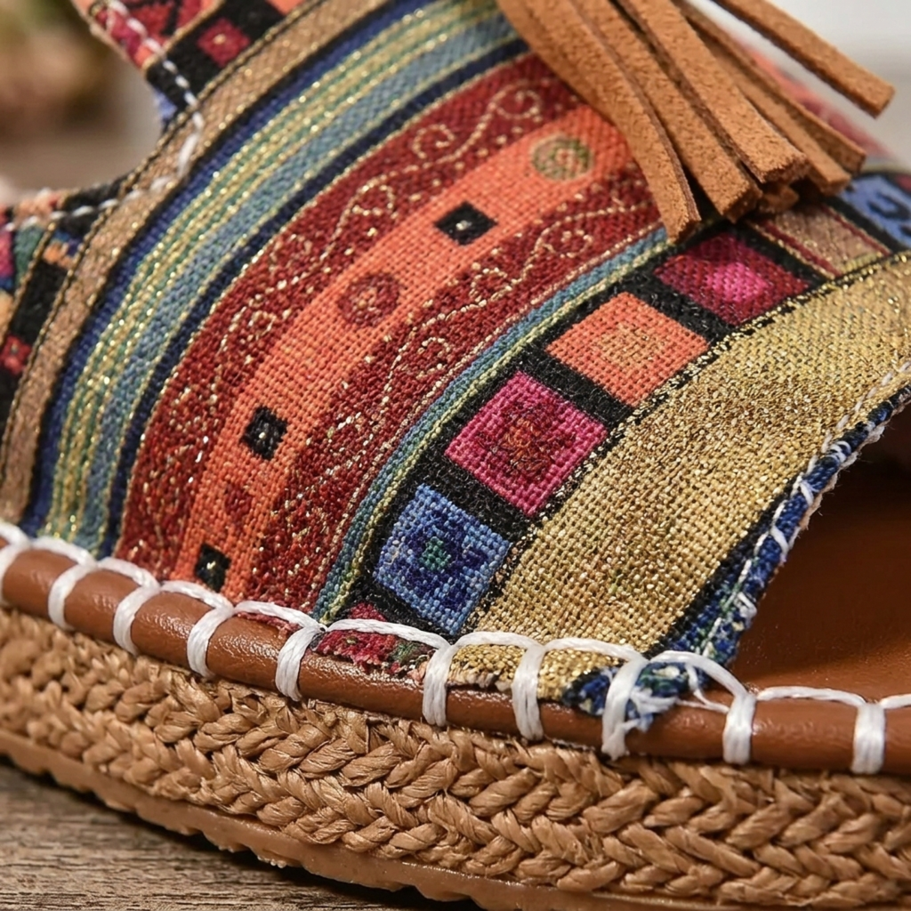 Ava | Women’s Sandals With Tribal Fabric Straps And Tassel Detail | Casual