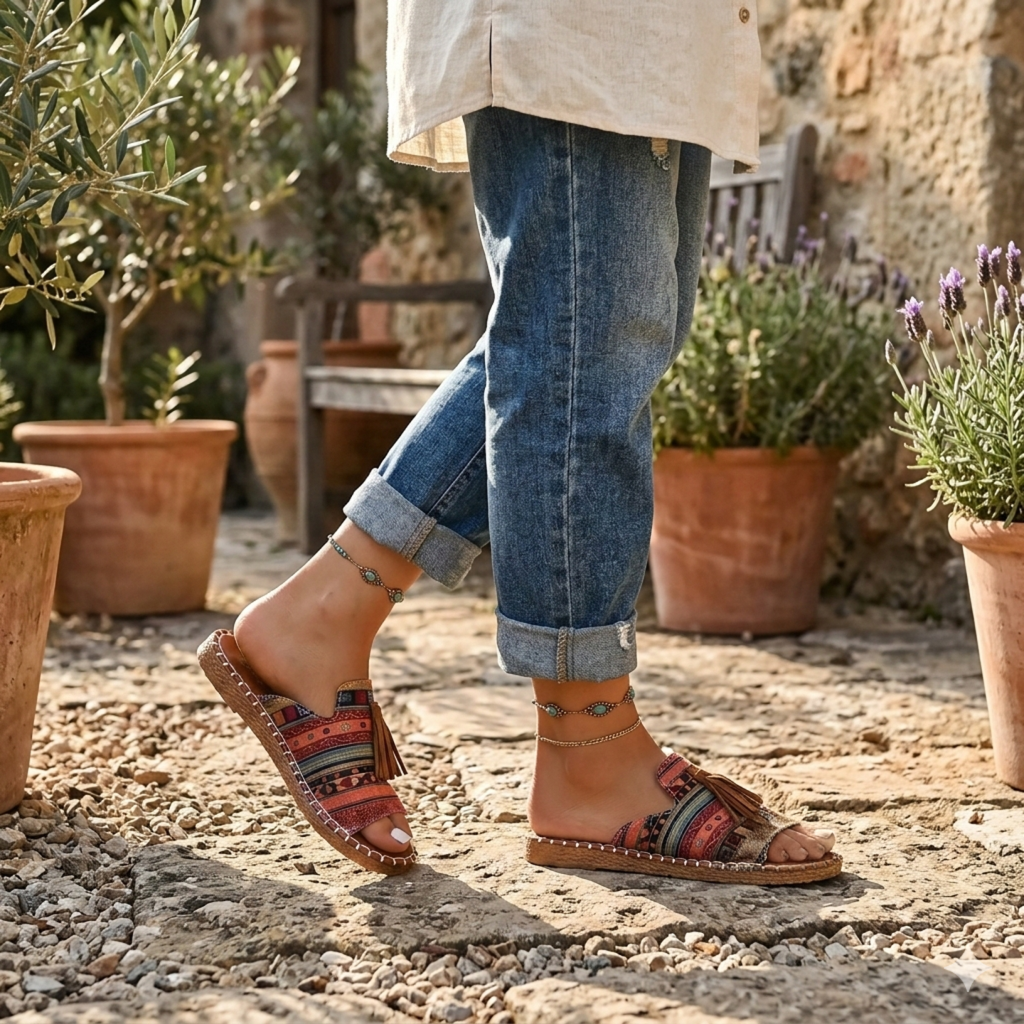 Ava | Women’s Sandals With Tribal Fabric Straps And Tassel Detail | Casual