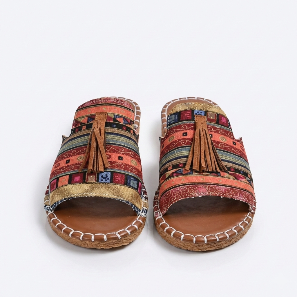 Ava | Women’s Sandals With Tribal Fabric Straps And Tassel Detail | Casual