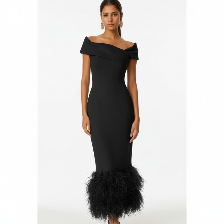 Ava | Women's Wedding Guest Dress With Off Shoulder Neckline And Feather Trim | Elegant