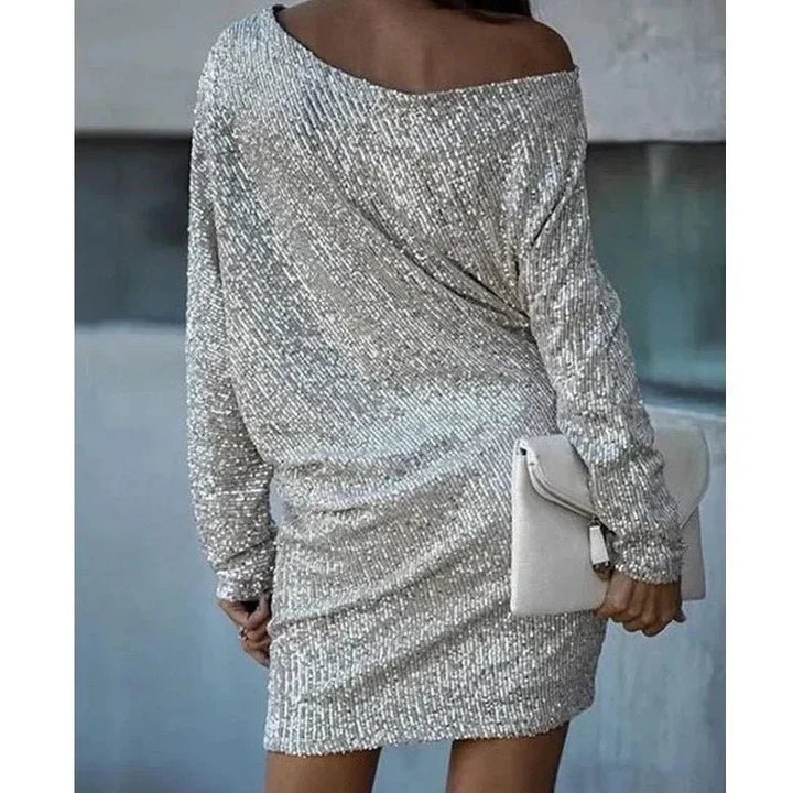 Caliana | Women's Sequin Dress With Off Shoulder Neckline And Sparkles