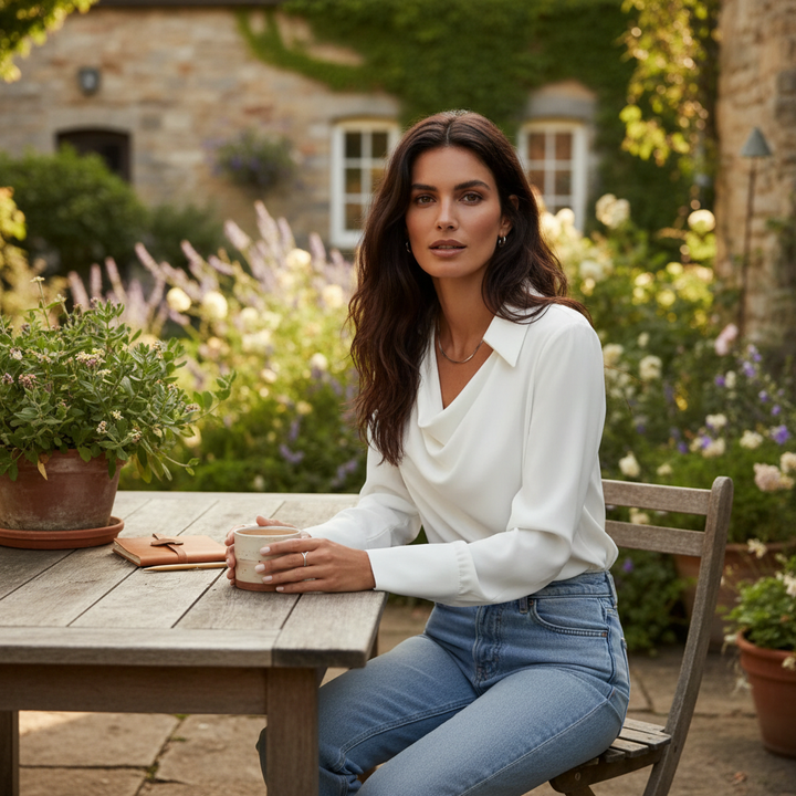 Charlotte | Women's Blouse With Draped Neckline And Long Sleeves | Elegant