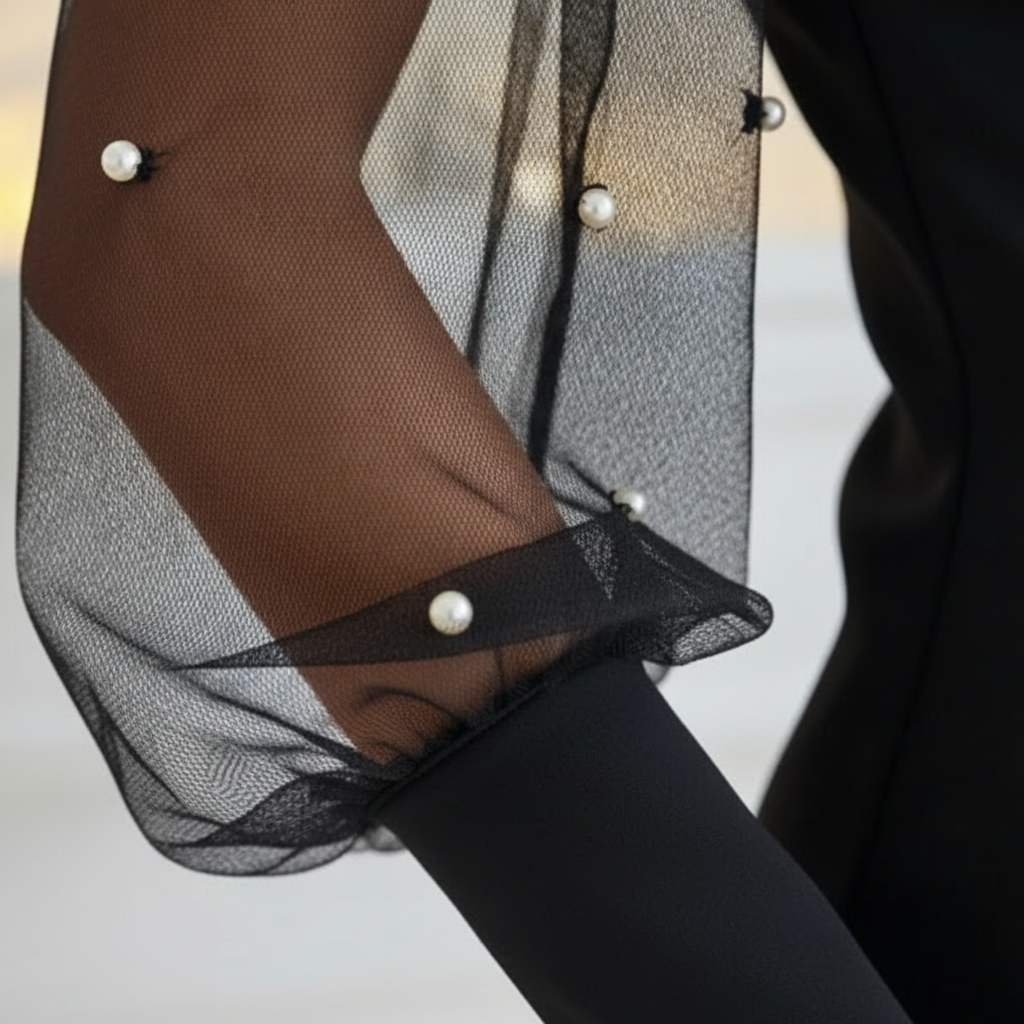 Charlotte | Women's Graduation Mini Dress With V-Neckline And Sheer Long Sleeves | Elegant