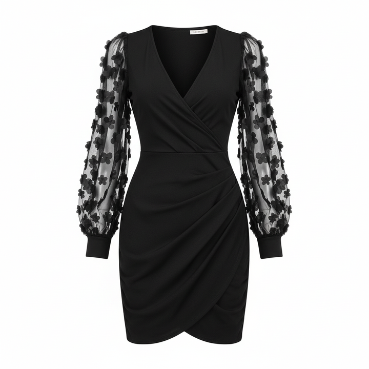 Charlotte | Women's Graduation Mini Dress With V-Neckline And Sheer Long Sleeves | Elegant
