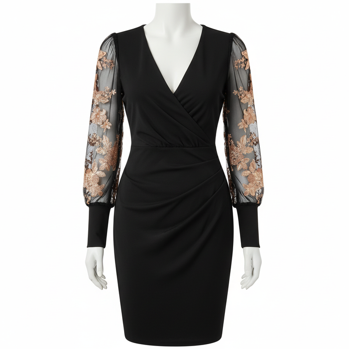Charlotte | Women's Graduation Mini Dress With V-Neckline And Sheer Long Sleeves | Elegant