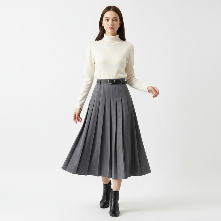 Charlotte | Women's Midi Skirt With Pleated Design And Belt Detail | Elegant