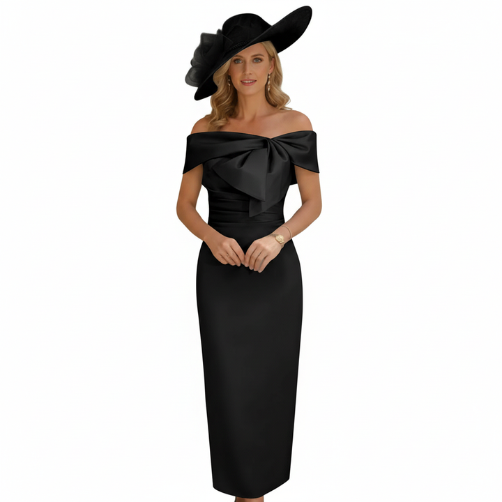 Charlotte | Women's Wedding Guest Dress With Off Shoulder Neckline And Bow Detail | Elegant