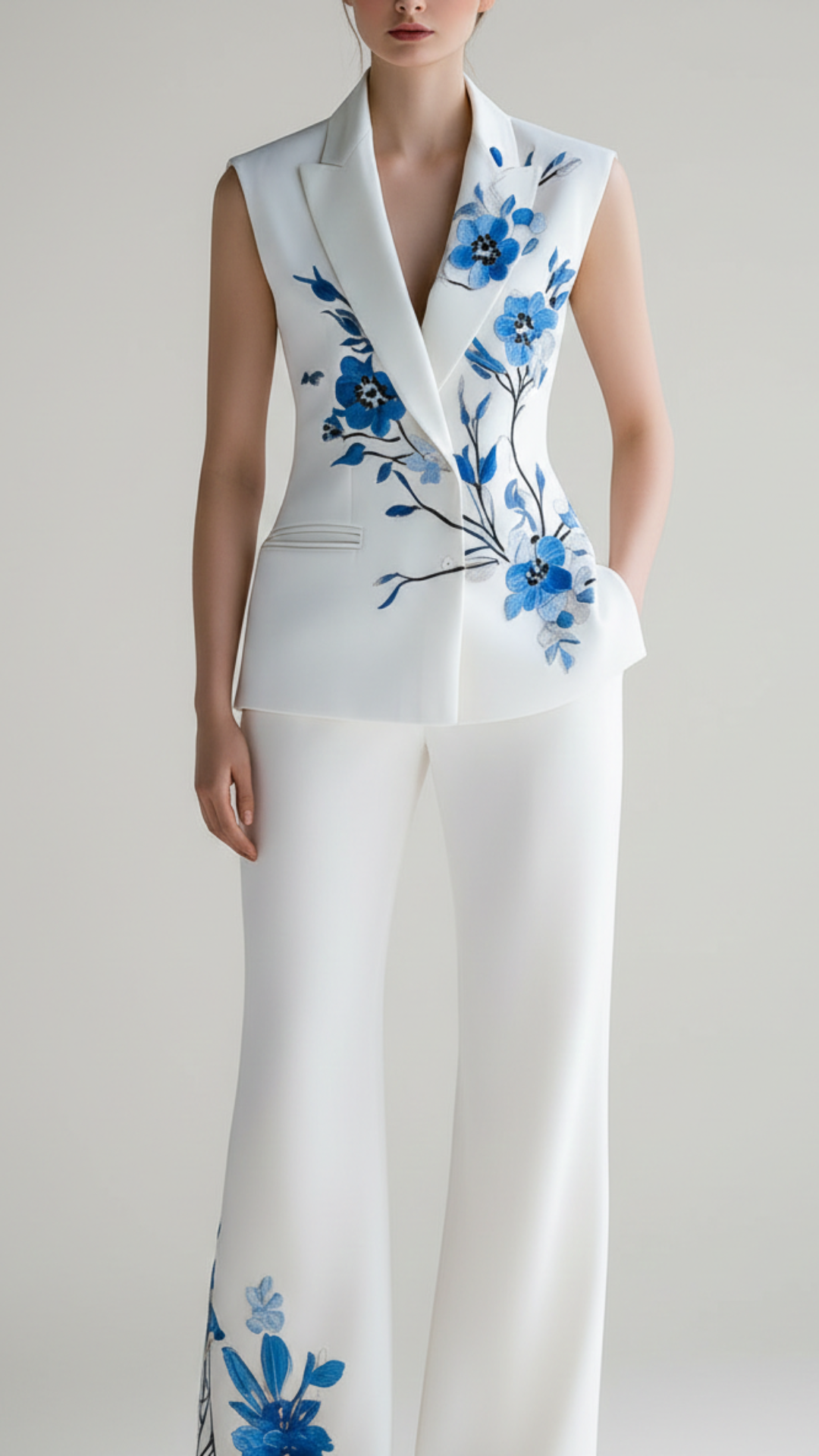 Elara | Women’s Floral Set With Sleeveless Blazer And Trousers Set