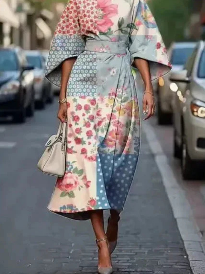 Elowen | Women's Floral Dress With Cape Sleeves And Tie Waist
