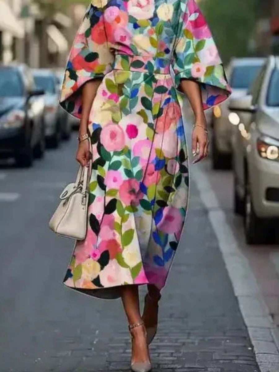 Elowen | Women's Floral Dress With Cape Sleeves And Tie Waist