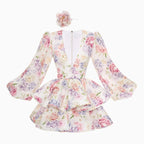 Elowen | Women's Floral Dress With Deep V-Neck And Puff Sleeves