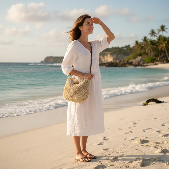 Emma | Women's Beach Bag With Woven Texture And Crossbody Strap | Casual
