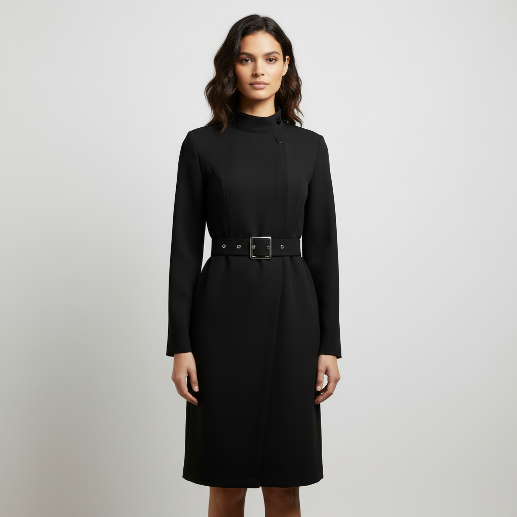 Emma | Women's Black Midi Dress With High Neck And Belted Waist | Elegant