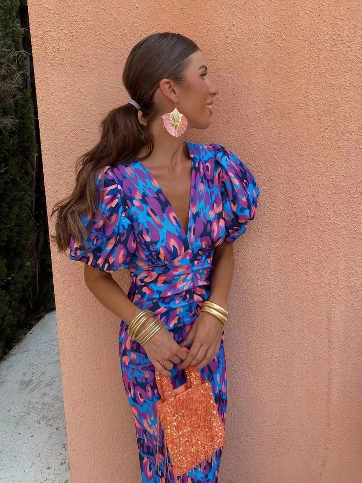 Emma | Women's Cocktail Dress With Puff Sleeves And V-Neckline