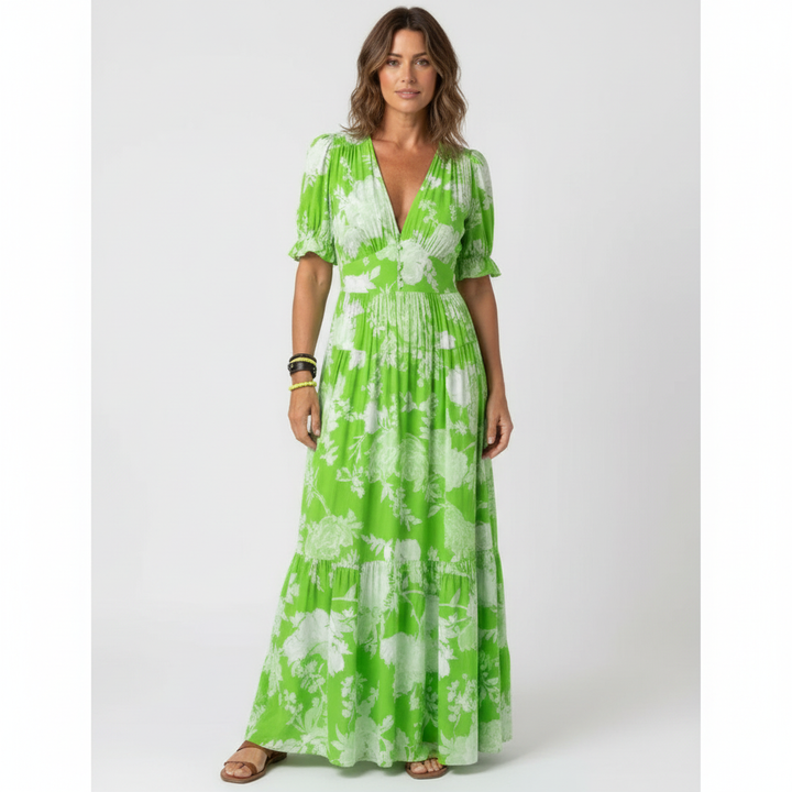 Emma | Women's Floral Maxi Dress With V-Neck And Short Sleeves | Casual