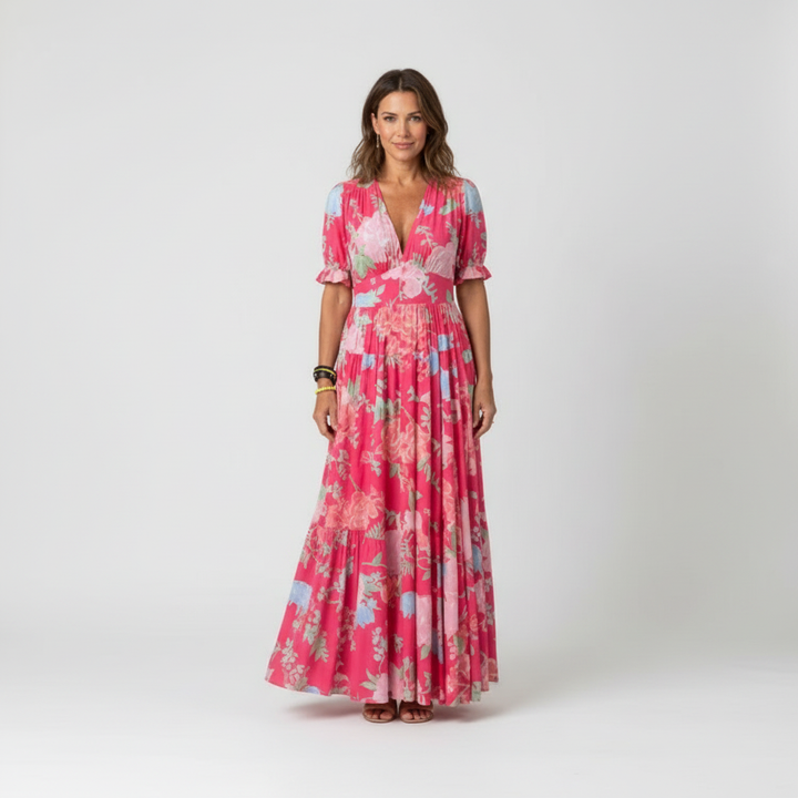 Emma | Women's Floral Maxi Dress With V-Neck And Short Sleeves | Casual