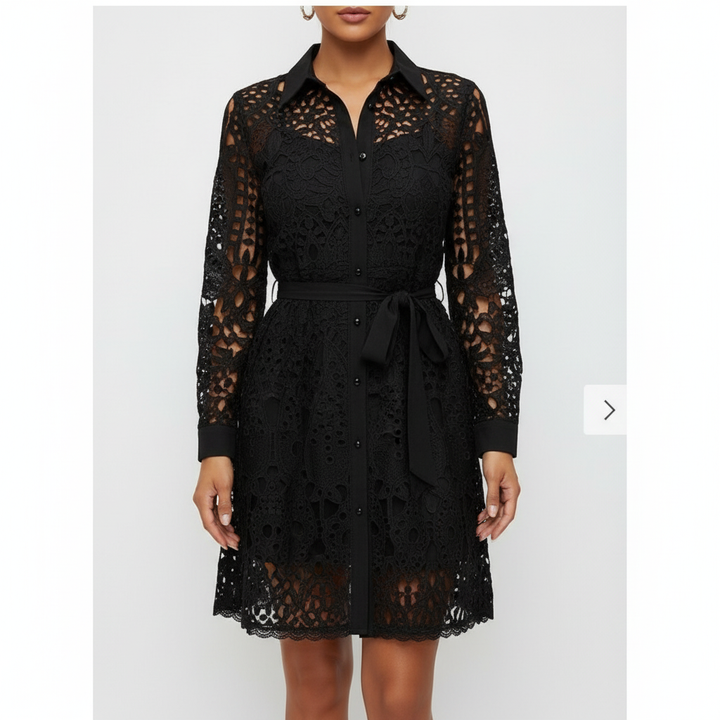 Emma | Women's Mini Lace Dress With Long Sleeves And Waist Tie Detail | Chic