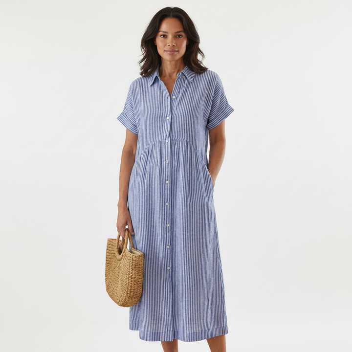 Emma | Women's Striped Midi Dress With Button Front And Short Sleeves | Casual